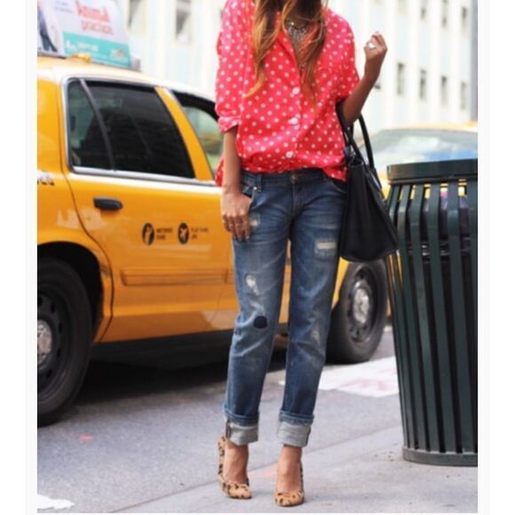 Guess L Red Textured Polka Dot Romantic Sheer Short Sleeve Collared Blouse - Picture 14 of 16